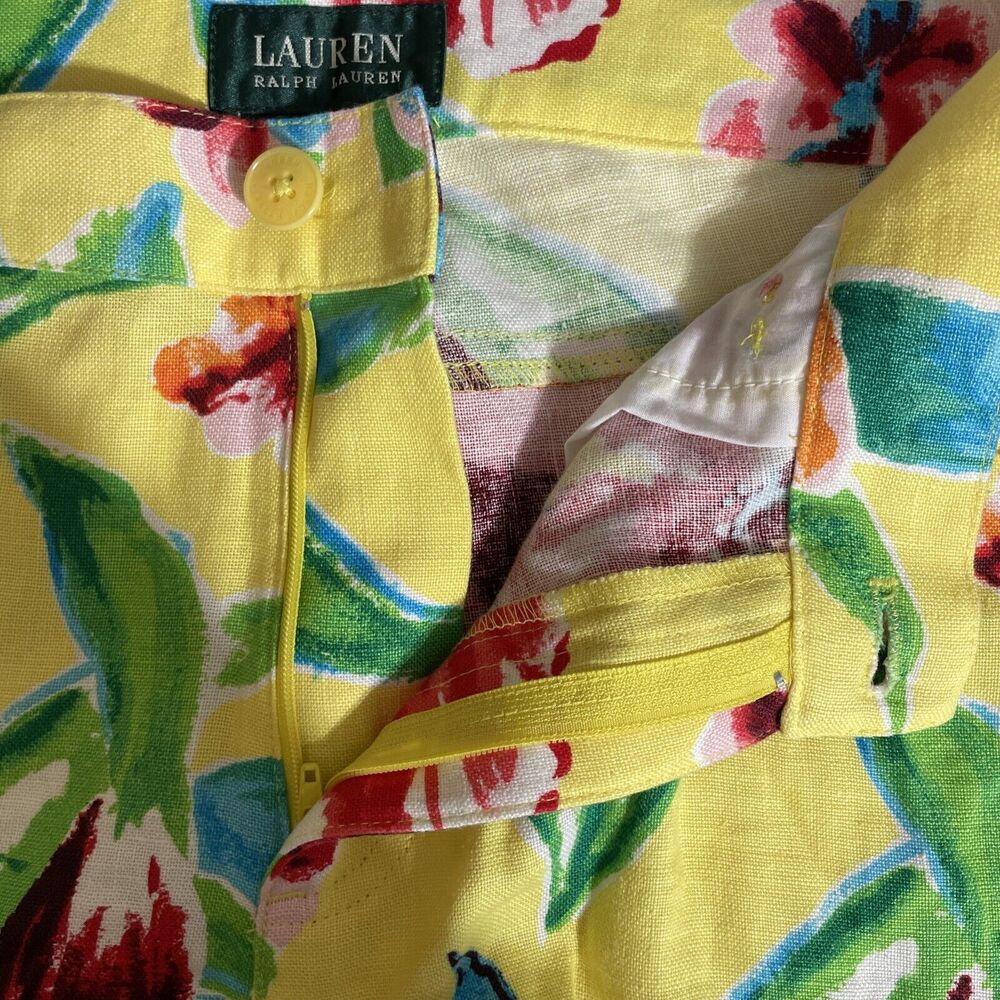 Lauren Ralph Lauren Linen Pants Womens Size 10 Yellow Floral Hawaiian Tropical - Picture 8 of 9